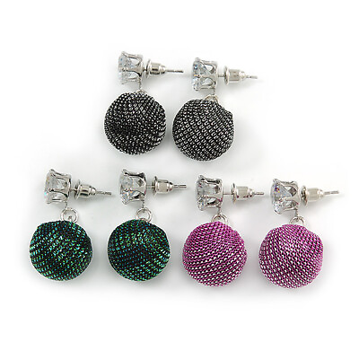 #ad 3 Pairs of Glittering Fabric Disco Ball Drop Earring Set In Silver Tone Green GBP 10.90