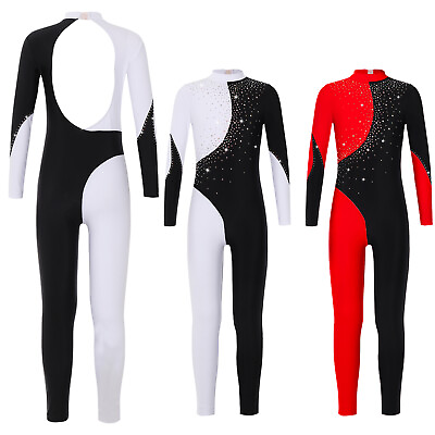 #ad US Girls Gymnastic Round Collar Bodysuits Unitard Leotards Gym Jumpsuit Shiny $15.15