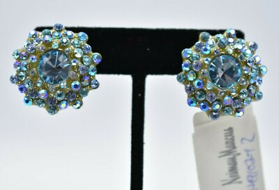 #ad St. John Vintage Clip Earrings Sparkling Blue Rhinestone Crystal Signed BinC $135.96