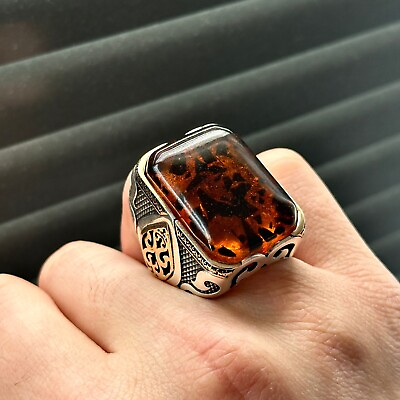 #ad Men Large Natural Amber Stone Ring Silver Square Sterling Silver Amber Ring $155.00