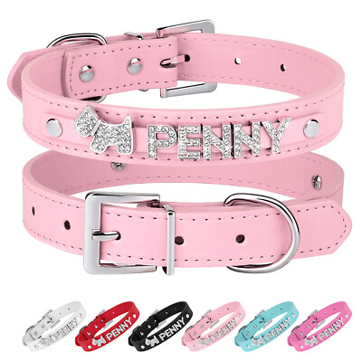 #ad Personalized DIY Name Dog Collars Leather Puppy Necklace With Diamond Letters $8.99