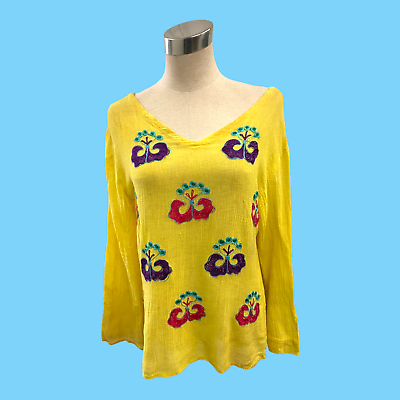 #ad Vintage 1970s Boho Hippy Hand Loomed In India Yellow Cotton Top Med. $30.99