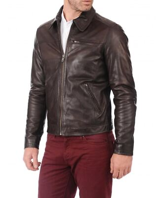 #ad New Leather Jacket Mens Biker Motorcycle Real Leather Coat Slim Fit Brown #707 $118.00
