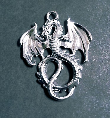 #ad Large Dragon Pendant Antiqued Silver Fairy Tale Charm Medieval 2 Sided Ornate $2.99