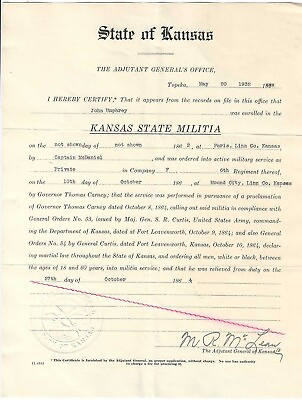 #ad 1932 Document Proving John Umphrey Served Kansas State Militia 1862 64 ZZ $13.50