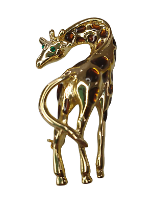 #ad Vintage Giraffe Brooch Gold Color Emerald Green Eyes Amber Spots 2.5quot; Safari $10.79