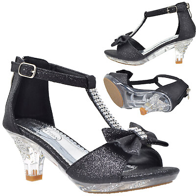 #ad Girls Heels Sandals T Strap Rhinestone Glitter Clear Party Kids Shoes Black $37.95