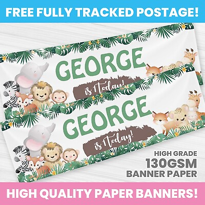 #ad PERSONALISED JUNGLE SAFARI PHOTO BIRTHDAY BANNER PARTY DECORATION BANNERS GBP 4.99