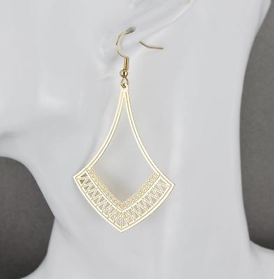 #ad Gold teardrop filigree dangle earrings shiny 2.75quot; long lightweight $11.01