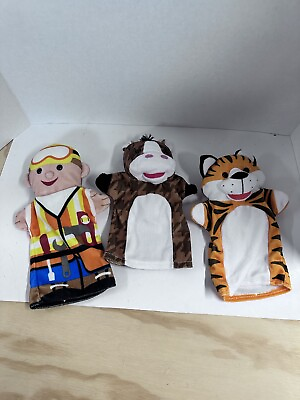 #ad Melissa and Doug Set of 3 Hand Puppets Tiger Giraffe Handyman 9” $10.00