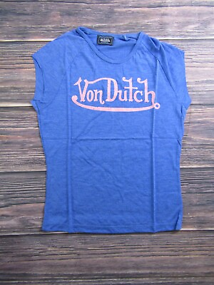 #ad Von Dutch NEW Womens Medium Blue Pink Raglan Short Sleeve Tee T Shirt $12.99