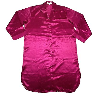 #ad Vintage Golden Dragon 100% Silk Fuchsia Pink Dressing Night Gown Button Front $27.99