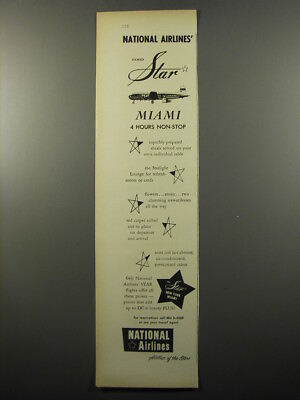 #ad 1950 National Airlines Ad National Airlines#x27; famed Star Miami 4 hours non stop $19.99
