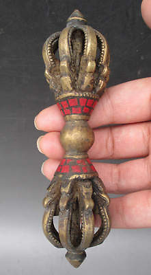 #ad 4.5quot; Old Tibet Tibetan Coral Bronze Ritual Tool Vajra Dorje Statue $16.14