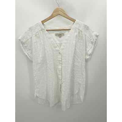 #ad LOFT Top Women MEDIUM White Textured Short Sleeve V Neck Button Front Cotton $24.00
