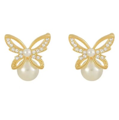 #ad Earrings hollowed out butterfly pearl three dimensional temperament simple femal $8.88