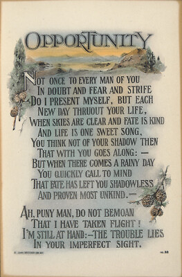 #ad ANTIQUE XRare c1921 ART MOTTO NOS Hand Colored Print Card Life Maxim OPPORTUNITY $14.99