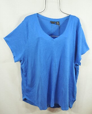 #ad TAHARI Women#x27;s Top Shirt 2X Blue 100% Linen V Neck Short Sleeve Tunic NWT $35.00