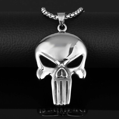 #ad Gothic Silver Punisher Skull Pendant Punk Retro Rock Necklace For Men Chain 24quot; $11.89