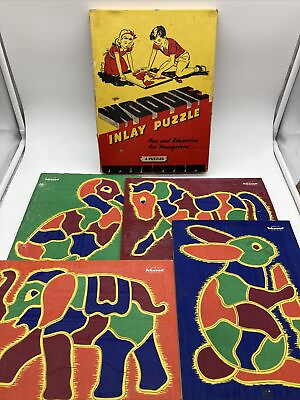 #ad Vintage Wooden Inlay Puzzle Game with Box Tekwood Rabbit Elephant Duck Horse $25.89