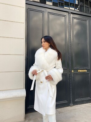 #ad Cashmere Women#x27;s Winter Coat Real Fox Fur Long Overcoat Stylish Plus Size White $289.11