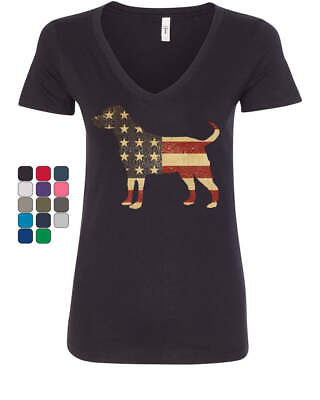 American Dog Women#x27;s V Neck T Shirt Stars and Stripes Retriever Bulldog Pitbull $16.36