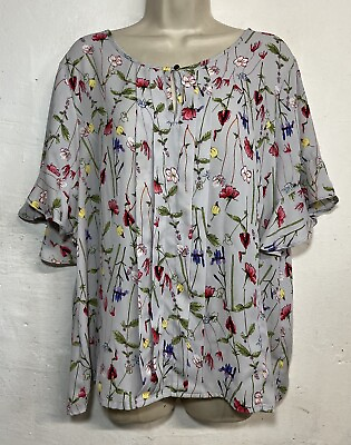 #ad Liz Claiborne XL Blouse Gray Floral Short Flutter Sleeve Pleated Top $10.00
