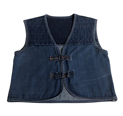 #ad Vintage Denim Vest Womens Large Blue Jean Cropped Strap 90s Y2K Western Boho $26.99