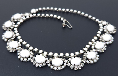 #ad Vintage Juliana Milk Glass White Rhinestone Silver tone Wedding Necklace 15quot; $75.00
