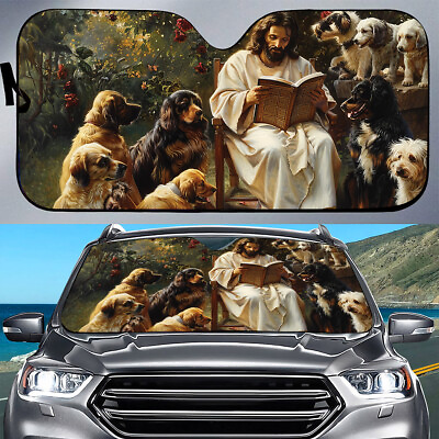 #ad Peaceful Jesus Reading Bible With Dog Auto Sunshade Car Protector UV Jesus Dogs $39.98