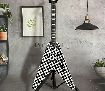 #ad Checker Blackamp;White Flying V Electric Guitar HH Pickup String Thru Body 6 String $230.40