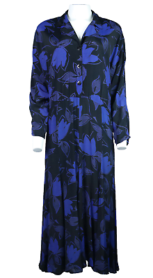 #ad Vtg 80s CAROLE LITTLE Saint Tropez West USA M 6 8 Black Blue Floral Rayon Dress $39.99