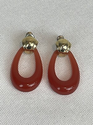 #ad Red Orange Drop Dangle Hoops Vintage Lucite Post Earrings Retro Pierced Goldtone $13.50