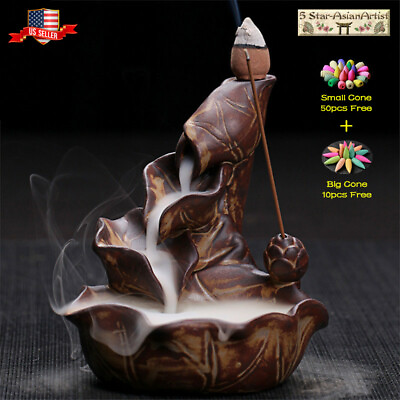 Ceramic Backflow Incense Burner Holder Lotus Waterfall amp; Incense Cones Gift $7.99