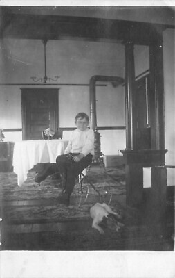 C 1910 Boy Tricycle Dog living room Interior Postcard 22 10510 $8.05