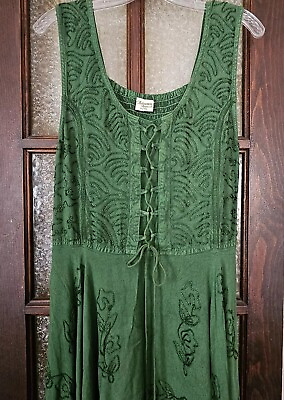 #ad Vtg Green Forest Fairy Dress Lace Up Corset Bodice Embroidery Festival Boho L XL $39.99