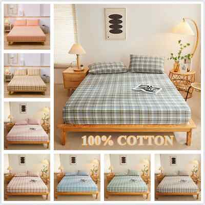 #ad 1pc Pure Cotton Fitted Sheets Plaid Style Bed Sheet Bed Linen Mattress Covers $53.20