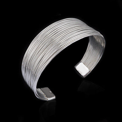 #ad 925 Sterling Solid Silver Bangle Multiple Line Cuff Womens Fashion Bracelet $7.99