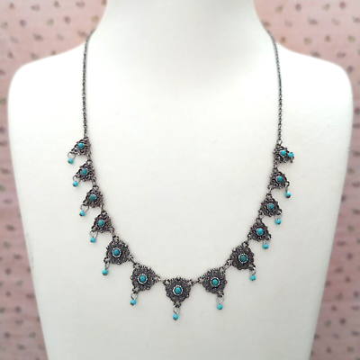 #ad Michal Negrin Necklace Turquoise Chandelier Filigree Ethnic Silver Plated Gift $71.20