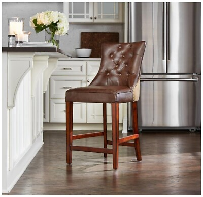 #ad Solid cherry wood 39 in. Brown Cushioned tufted Counter Stool w Brass nailhead $169.00