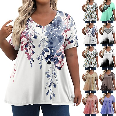 #ad Summer Women#x27;s Plus Size T Shirts Short Sleeve Tees V Neck Casual Printed Tops $14.00