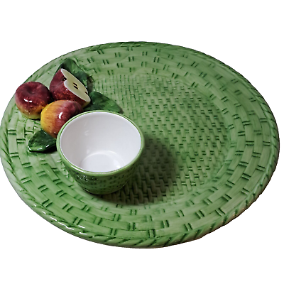 #ad Italian Mane Lion Vintage Ceramic Green Chip Dip Platter with Apples Decor Bowl $49.00