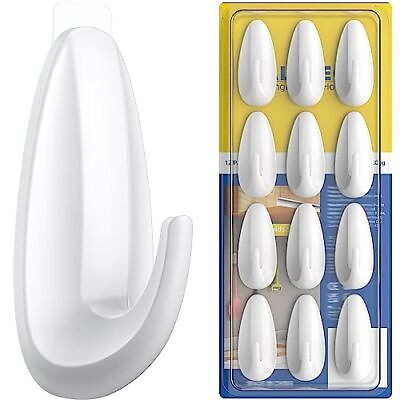 #ad 12 Pcs Wall HooksSelf Adhesive Hooks with 13 Clear StripsWhite Plastic Sticky... $13.77