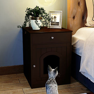 #ad Wooden Cat Litter Box Enclosure Hidden Cat Washroom Pet House Side Table Crate $99.99