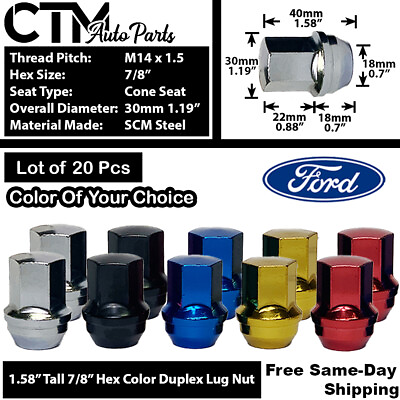 20Pc 1.58quot; LARGE SEAT LUG NUT M14X1.5 7 8quot; HEX FIT FORD LINCOLN STOCK WHEEL $41.99