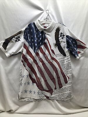 #ad American Summer Patriotic Polo Shirt Men’s XL Eagle American Flag Declaration Of $11.25
