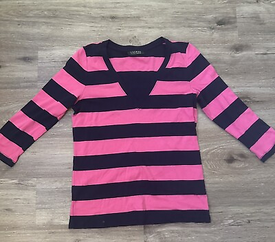 #ad Ralph Lauren Pink amp; Navy Striped Stripe Spring V Neck Shirt Top Women’s Size M $12.00