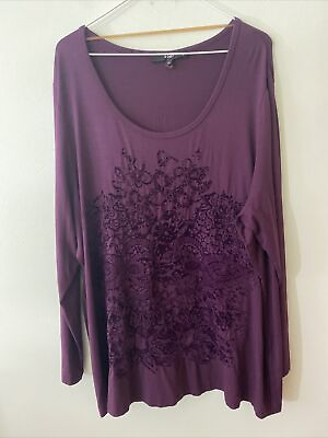 #ad X Two Purple Raised Velvet Design Plus Size Top 3 4 Sleeve Size 52 3X $22.00