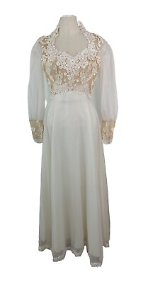 #ad House of Bianchi Small Wedding Dress Long Sleeve Satin Ivory Lace Vtg 1960s $74.59