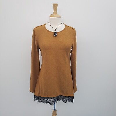 #ad LOGO By Lori Goldstein Mustard Yellow Lace Trim Tunic Sweater Size M Long Sleeve $25.63